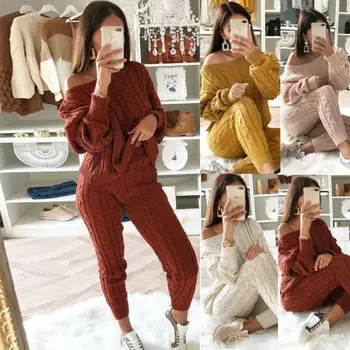 

2PCS Women Plus Size Bodysuit Outfits Knit Jumpsuit Loose Sweater Tops Pants Set