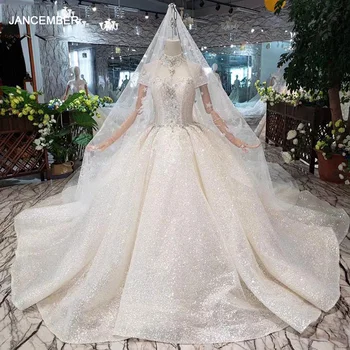 شراءLS20476 فستان زفاف فاخر مع طرحة زفاف الأكمام عالية الرقبة اليدوية كريستال فساتين الزفاف
