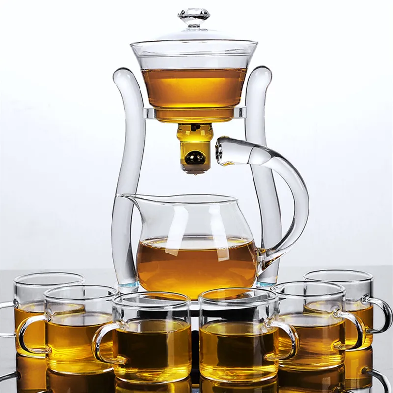 Glass Tea Brewing Set with Magnetic Automatic Dispenser - Masu Tea Dispenser + Six Teacups