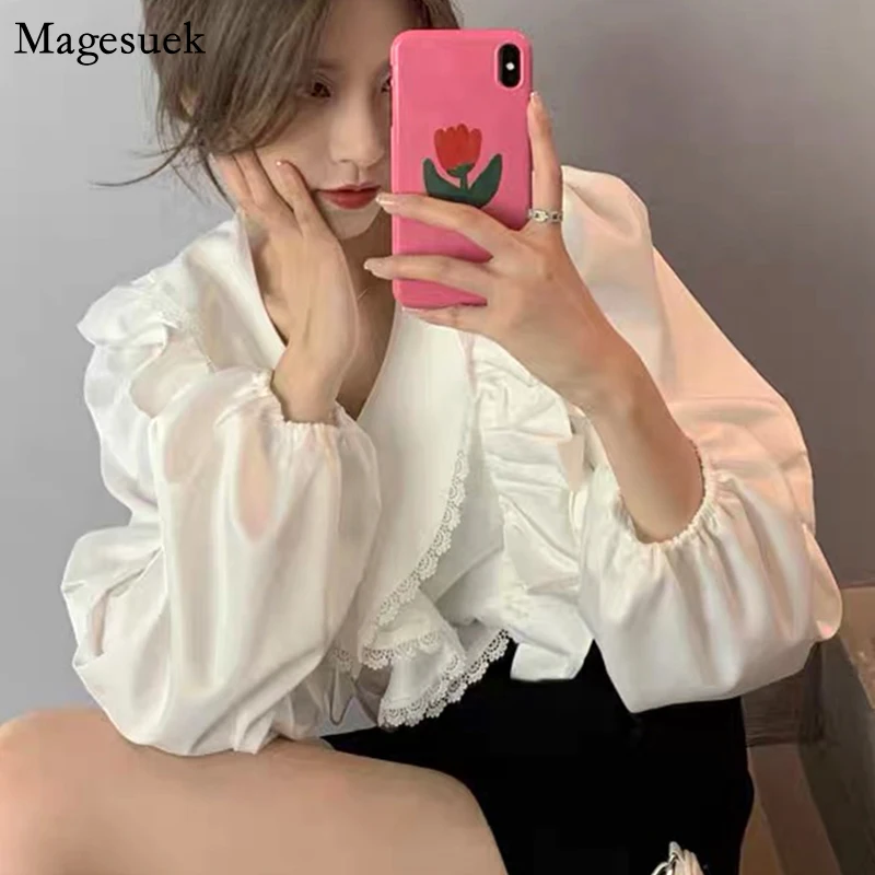 

Женская свободная рубашка с V-образным вырезом, белая хлопковая блузка с длинным рукавом и оборками, модные новые милые элегантные женские топы, блузы для женщин 17089