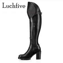 Рыцарские сапоги из натуральной кожи; высокие сапоги до колена на квадратном каблуке; женские зимние уличные сапоги-гладиаторы с пряжкой на ремешке