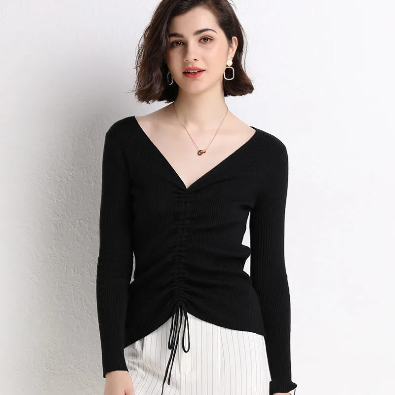 

Drawstring Cinched Front Knitted Top Women V Neck Rib Sweaters