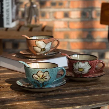 

Vintage Nordic Cup Handmade High Quality Ceramics Saucer Spoon Set Espresso Utensil Cup Tazas Cafe Kitchen Drinkware DB60BD