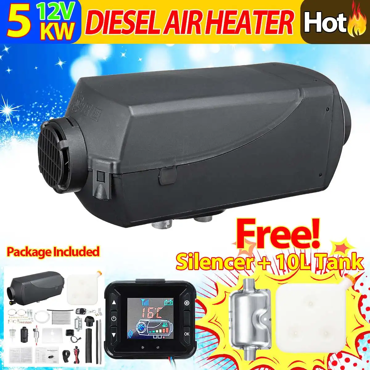 

12V 5KW Air Heater Tank 2x Vent,Duct, Thermostat Motorhome Car Heater With Remote LCD Digital Display for Boat Motorhome