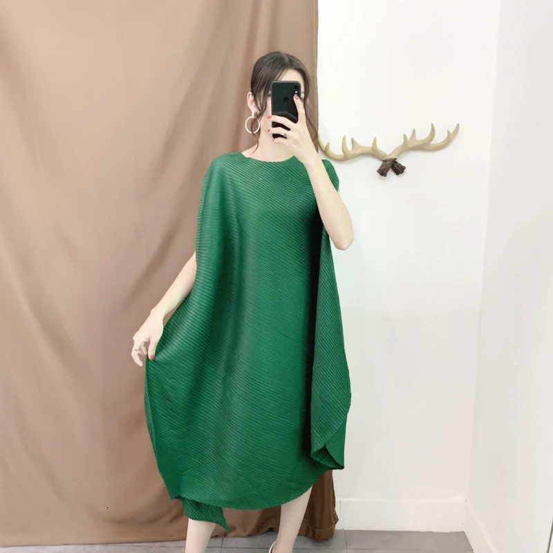 LANMREM Новое модное Плиссированное одноцветное винтажное платье до середины икры с коротким рукавом и круглым воротником AT138 - Цвет: dark green