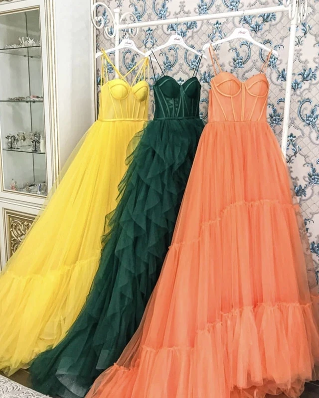 Yellow Long Tulle Prom Dresses 2021 Spaghetti Straps Sweetheart Court Train Formal Evening Party Dress Robe De Soiree