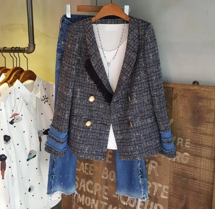 new blazer ol Stitching sleeve plaid suit casual tassel jacket