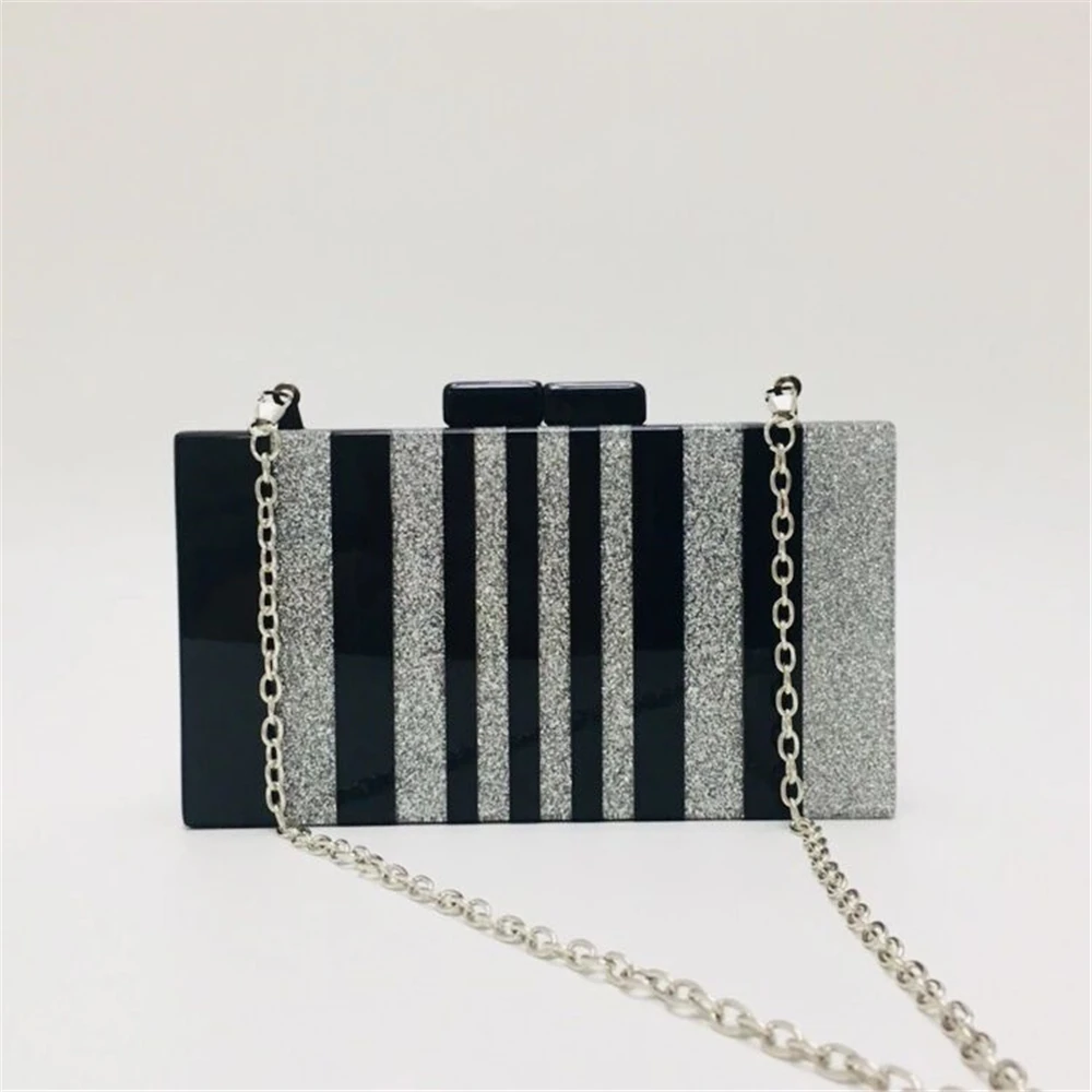 19Brand designer stylish new vertical shape striped evening bag classical black silver acrylic clutch purse cute causal handbags