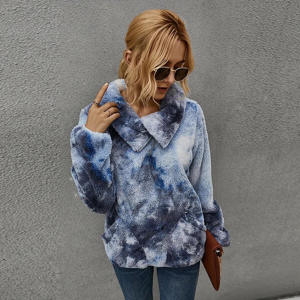 Women Plush Top Tie Dye Pullover Long Sleeve Jacket Coat Parka Fleece Warm Overcoat Teddy Tops 2020 Autumn Winter D30 | Женская одежда