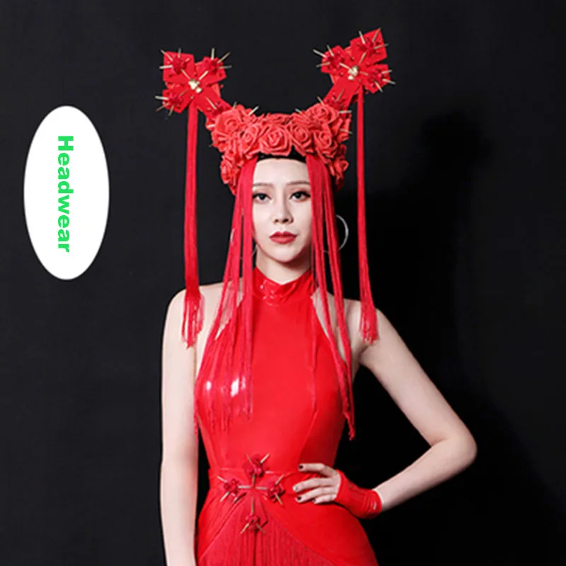 Headwear Dj Red Mirror Кожа Китайский Стиль Без Рукавов Взрослый Сценический Костюм Комбинезон Сценический Наряд Певица Sexy Performance Танцевальная Одежда - Цвет: Headwear