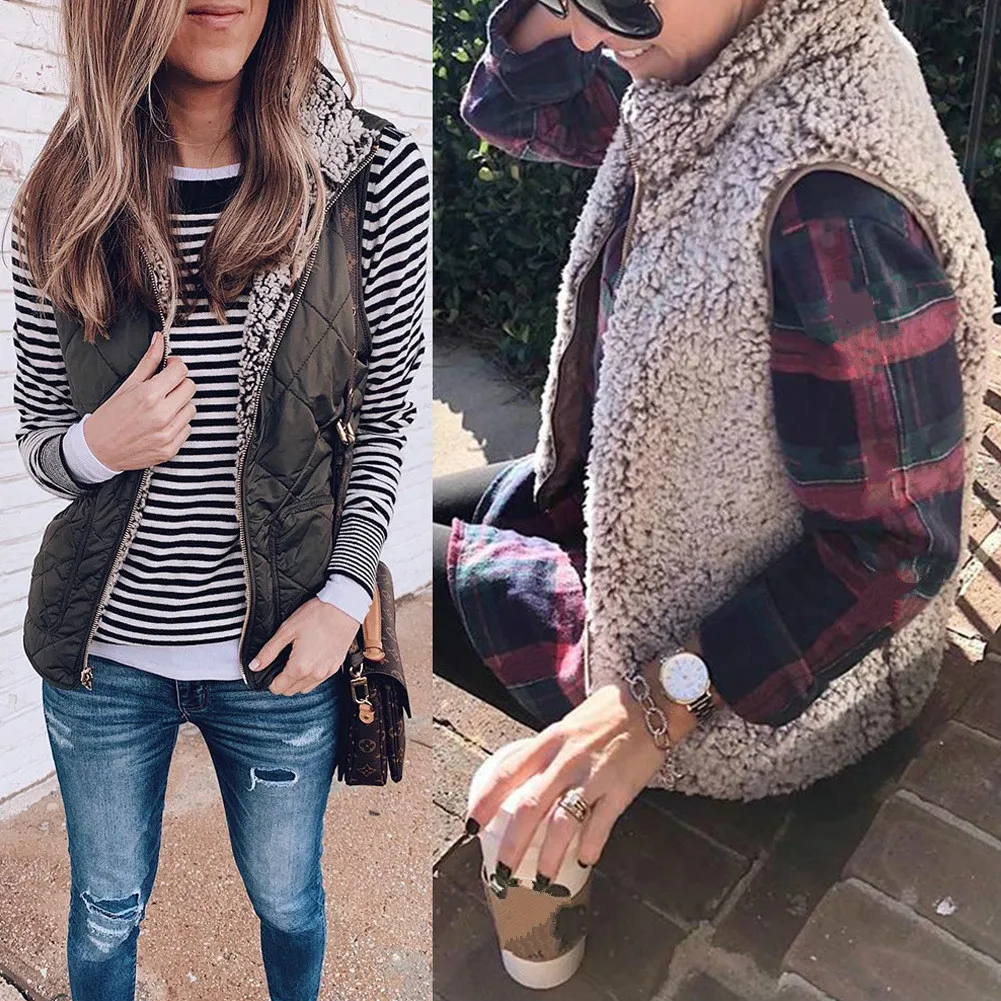 

Brand New Velvet Autumn Coats Womens Vests Winter Outerwear 2019 Zipper 2 Face Wearing Pocket Thick Jackets Women Top Vest