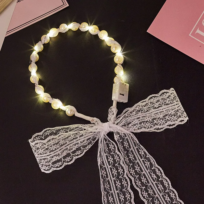 

1Pc Lace Ribbon Veil Luminous Hair Bands Fairy Lights Light up Headband Female Tie Pearl Headdress Glow Wedding Party Christmas