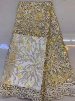 

2019 5 yards high quality with feather embroidered net tulle mesh lace gold french sequins lace fabrics for wedding dress