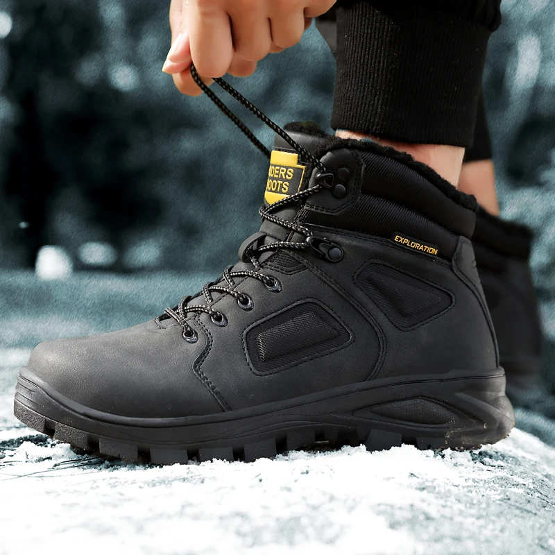 

Coturno High Top Mens Boots Leather Winter Snow Boots Men Waterproof With Fur Keep Warm Round Toe Timber Bot Booties Land Shoes