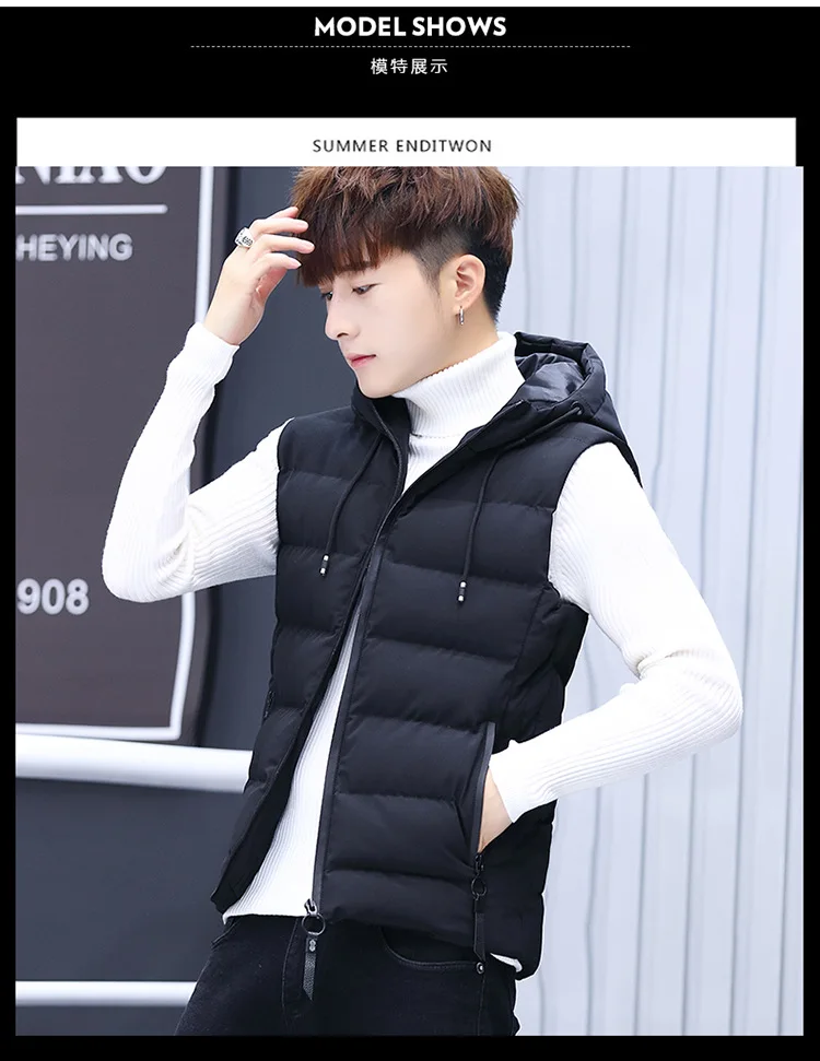 Cotton-padded Clothes Waistcoat Men's Autumn And Winter Teenager Casual Hooded Cardigan Sleeveless Waistcoat Korean-style Slim F