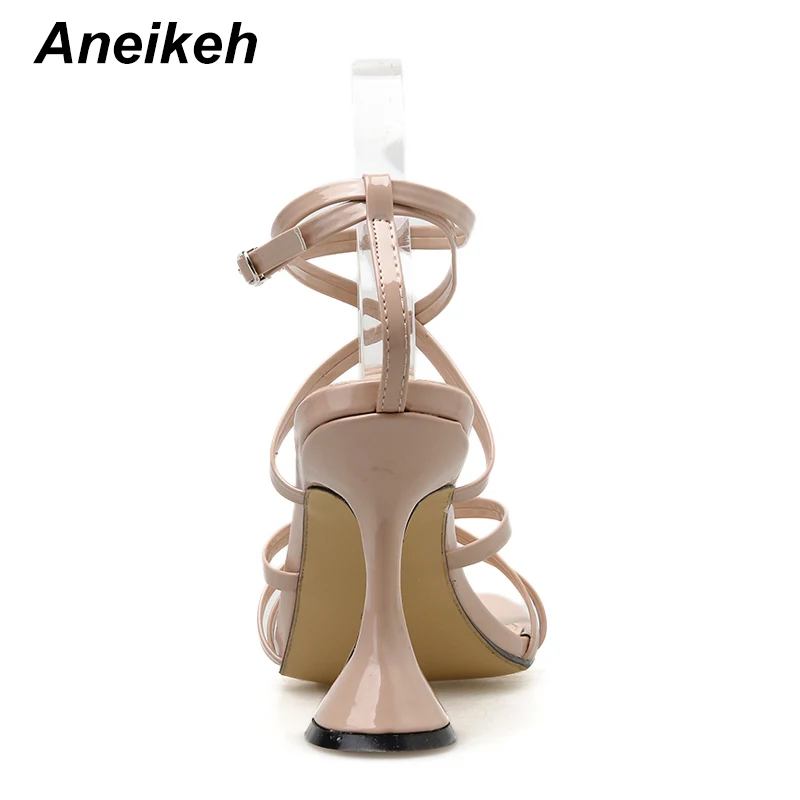 Aneikeh Sexy Red Women Shoes Peep Toe Thin High Heels Sandals Summer Party Wedding Dress Shoes Cross Strap Ankle Buckle Sandals