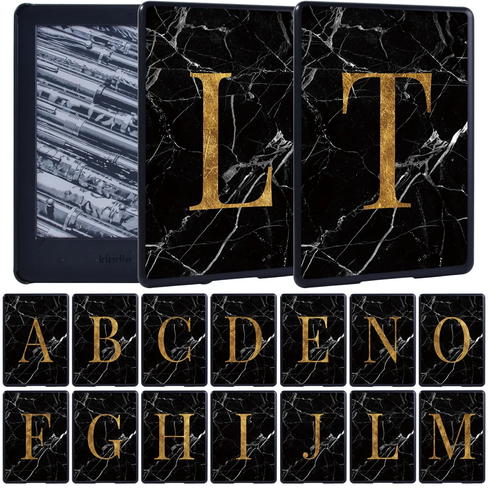 

For Amazon Kindle Ereader Paperwhite 1/2/3/4/Kindle 8th Gen 2016/10th Gen 2019 - Slim Black Marble Letter Tablet Back Case