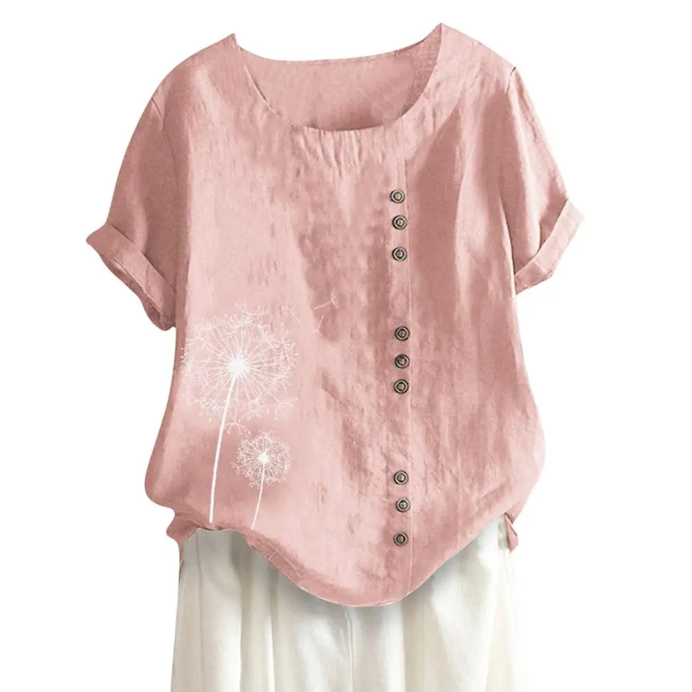 5XL Women Loose Button Plus Size Print Boho Tanic Shirt Casual o neck fashion new summer autumn hot Blouse Tops clothes - Цвет: summer pink print
