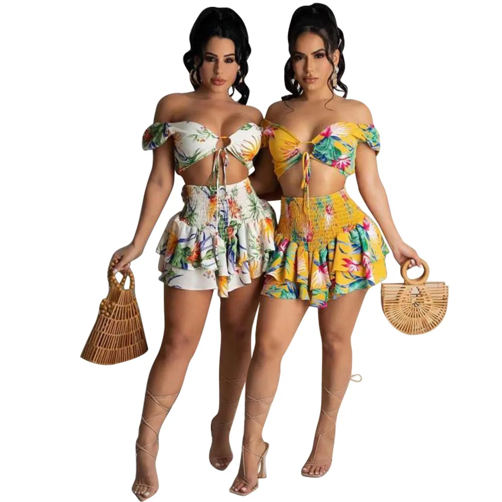 Europe And The United States Sexy Women Swimsuit 2 Piece Print Chest Wrap Top + Beach Skirt 2 Piece New 2021 Summer Swimsuit