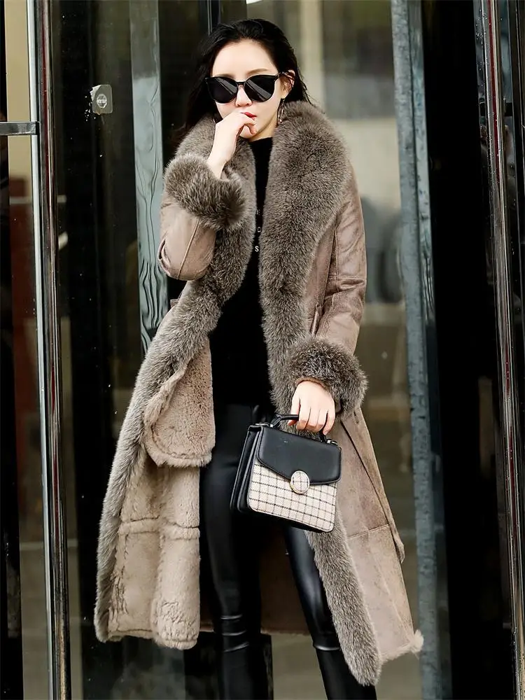 New Coming Extra Comfortable Fox Collar Rabbit Fur Leather Woman's Coat Loose Warm Casual Oversize Top Quality Women Winter Coat