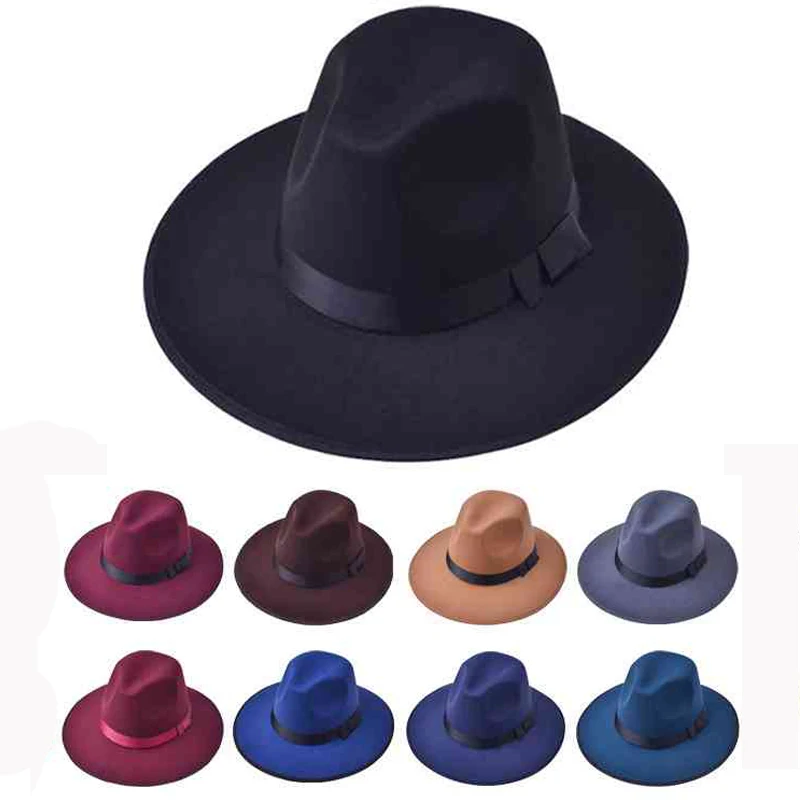 Winter Autumn Woolen Women Hat Classic Solid Color Felt Fedoras Hats Female Lady Wide Brim Flat Top Jazz Cap