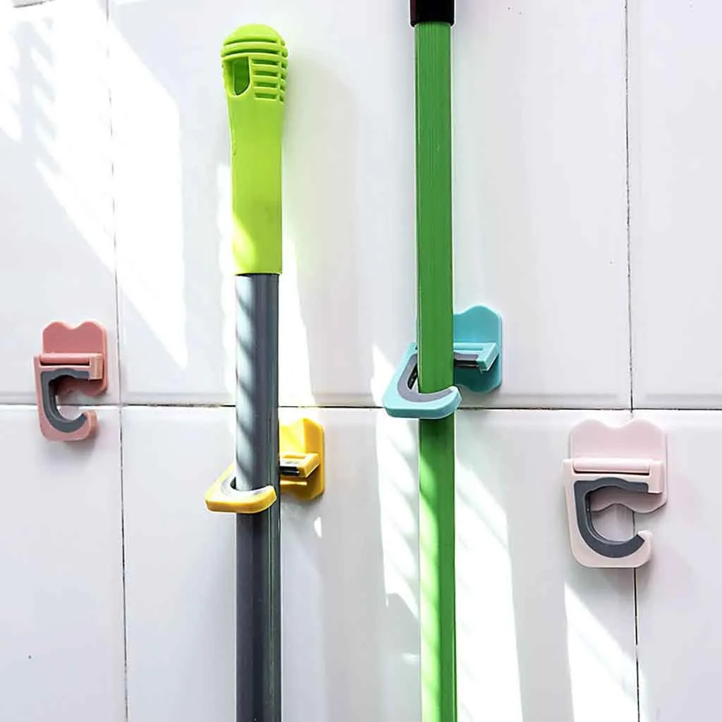 

Wall Mounted Mop Rack Storage Hook Bathroom Multi-Function Sticky Hanger Clips Mop Hooks Shelf Holder Home Organiser Racks Z31