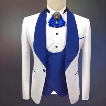 

2019 New Arrival White One Button Groomsmen Royal Blue Shawl Lapel Groom Tuxedos Men Suits For Wedding/Prom Best Man Blazer