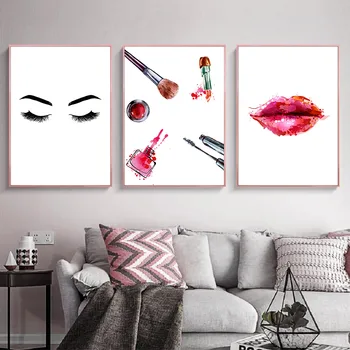 

Modern Eyelash Red Lips Fashion Posters Makeup Canvas Painting Wall Art Nordic Poster Wall Pictures For Beauty Salon Decor