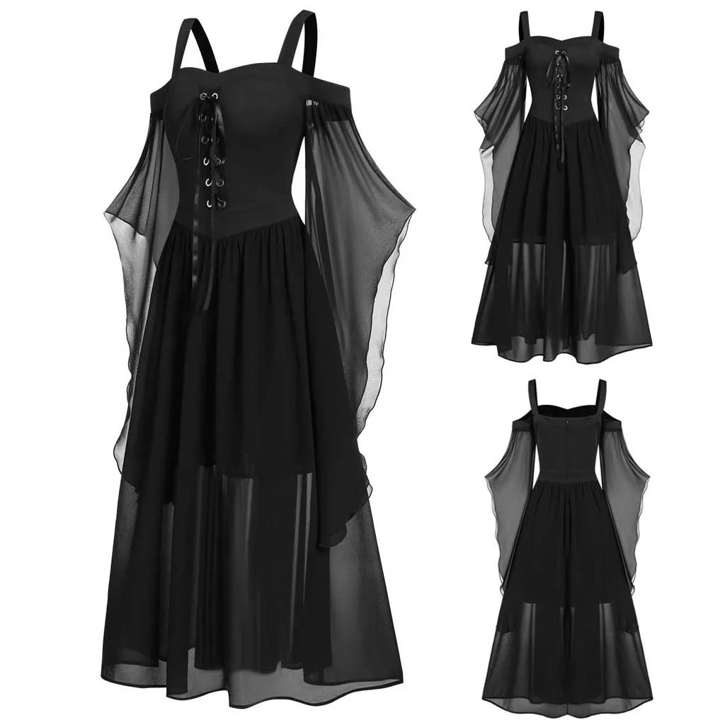 Womne винтажное платье размера плюс с открытыми плечами, с рукавом-бабочкой, на шнуровке, готические платья, платье на Хэллоуин, Vestidos#3s