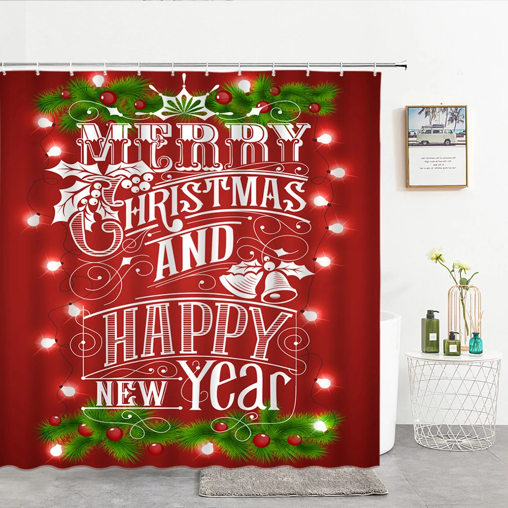 

Merry Christmas Shower Curtain Printed Happy New Year Santa Red Pattern Waterproof Curtains for Shower Bathroom Decor 180x240cm