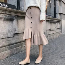 Толстые теплые вязаные женские юбки, осенне-зимняя юбка, шикарная Асимметричная юбка-Русалка длиной до колена, посылка на бедрах, Женская юбка