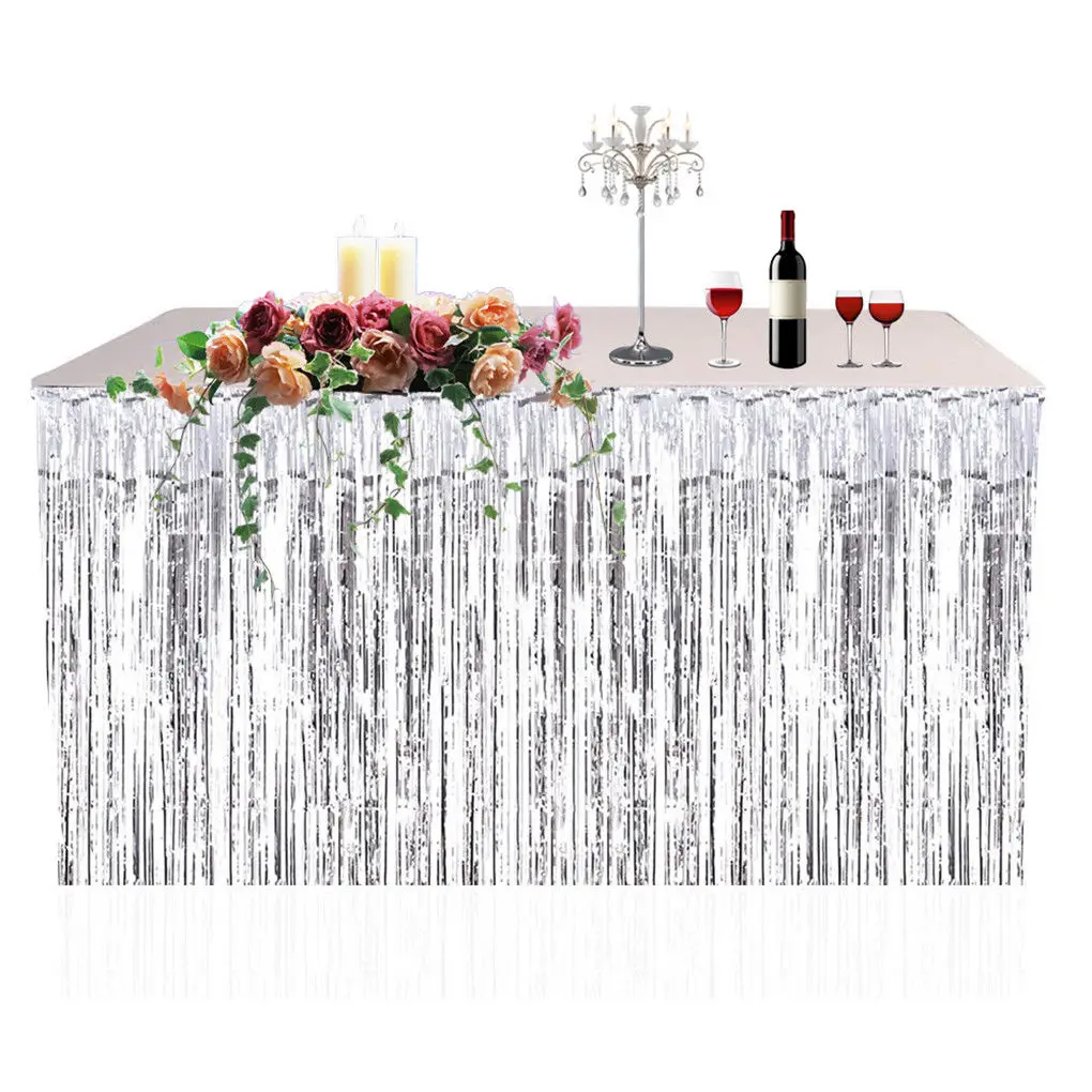 Gold Foil Fringe Table Skirt Metallic Tinsel Curtain Silver Tassel Garlands Rustic Wedding Decoration Birthday Party Decor