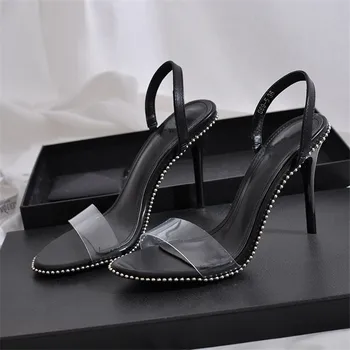 

PVC Woman Sandals Studded Rivets Stiletto Black Shoes Woman Zapatos De Mujer Sandalias Mujer Embellished High Heel Sandals