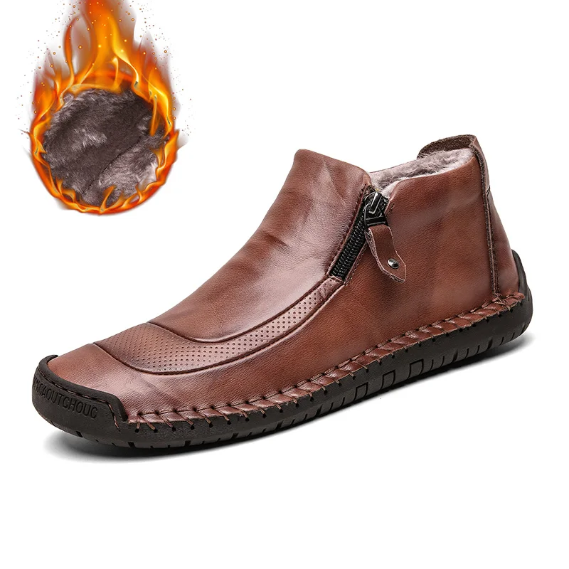 2019  Men Flat Loafers High Top Plush Winter Snow Boot For Men Moccasins Classic Split Leather Walking Shoes Wedding Driver Shoe