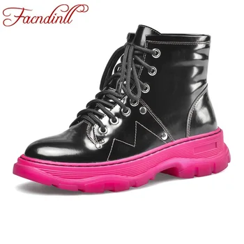 

FACNDINLL new genuine cow leather women ankle boots black white wedges med heels lace up shoes woman riding boots autumn winter