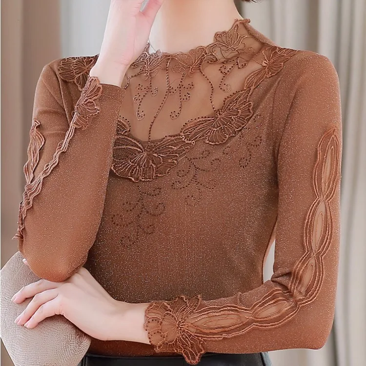 

Anqi Pull-Turtleneck Lace Base Shirt New Style Autumn WOMEN'S Dress Black Mesh Long-sleeved Upper Garment Thin Gauze Clothing We