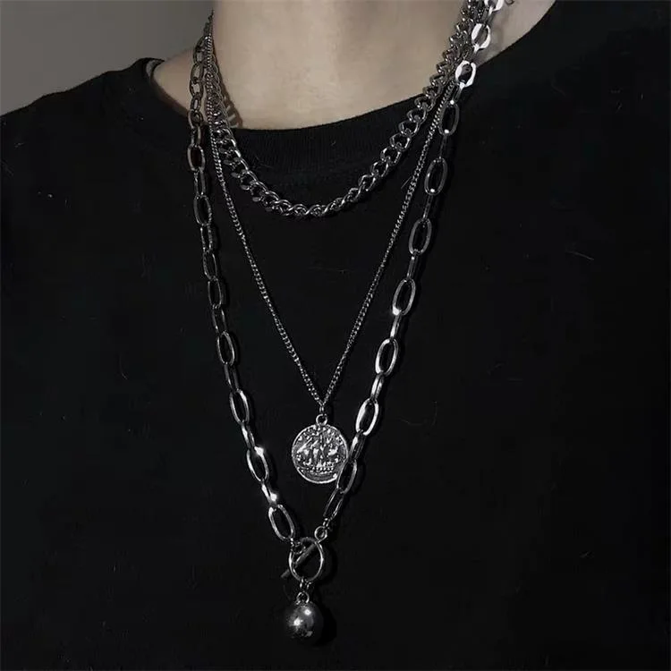 

Europe And America Normcore Style Hip Hop Fashion Metal Three Layer Necklace Coin Metal Ball Multilayer Online Celebrity Necklac