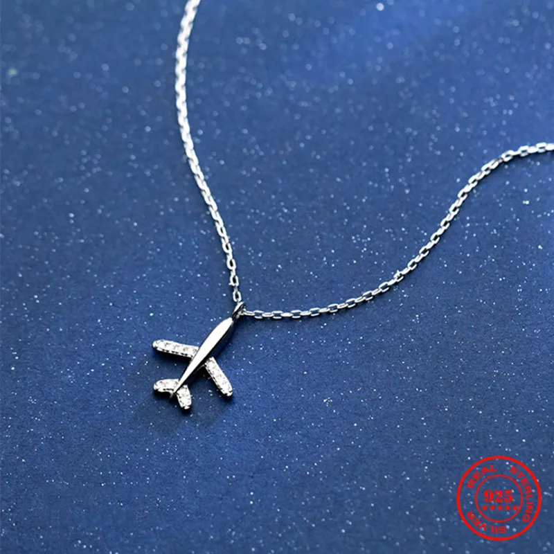 YIZIZAI 100% 925 Sterling Silver Aircraft Airplane Plane Pendant Necklace For Women Handmade Crystal Jewelry Gift