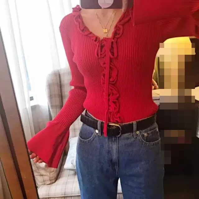 

Women Sweater 18 New Deep V Lace Collar Knit Cardigan