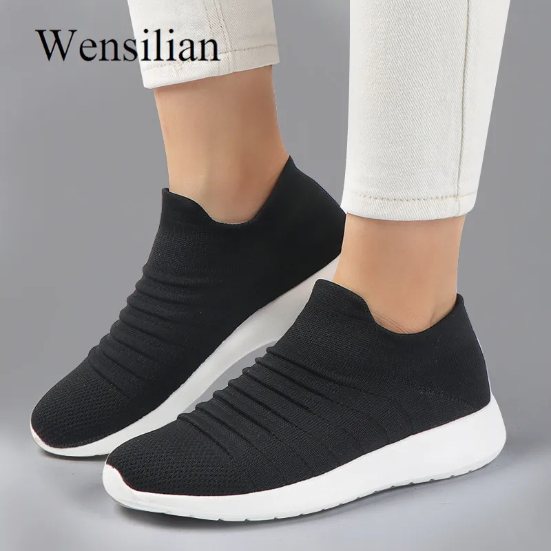 

Fashion Sneakers Women Knitted Women Flats Slip On Flat Shoes Trainers Baskets Femme Mesh Tenis Feminino Black Mocassim Feminino