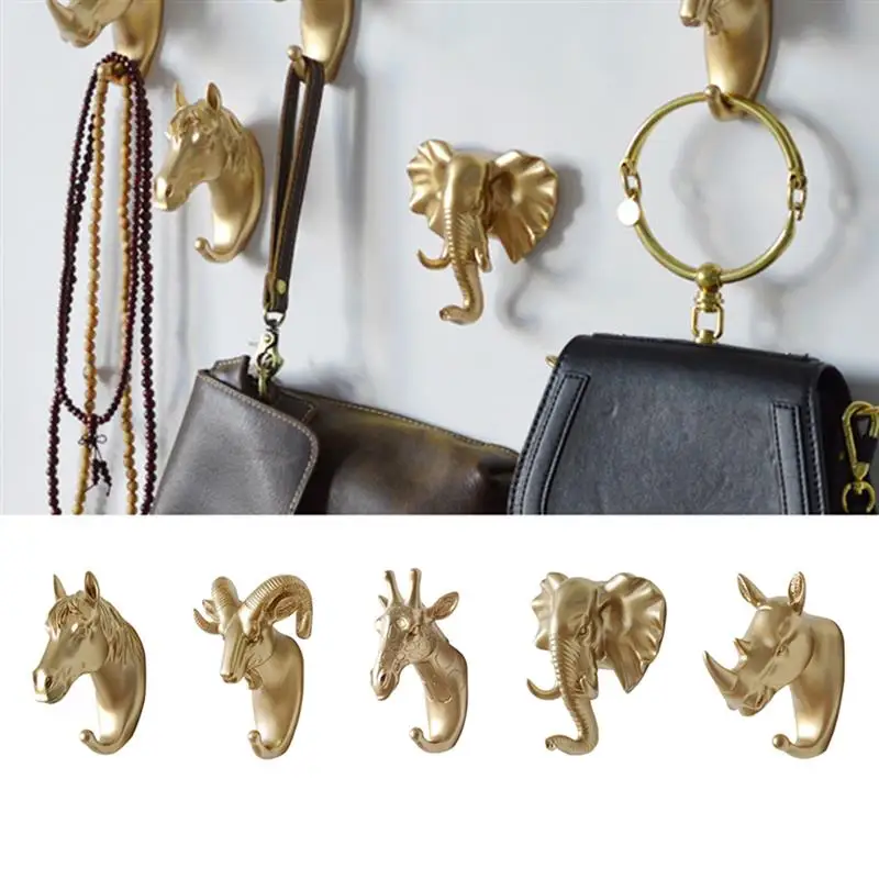 5Pcs/Set 3D Animal Head Wall Hanger Resin Door Back Coat Hat Hanging Hook Wall Mounted Heavy Duty Holder Rack Home Decorations