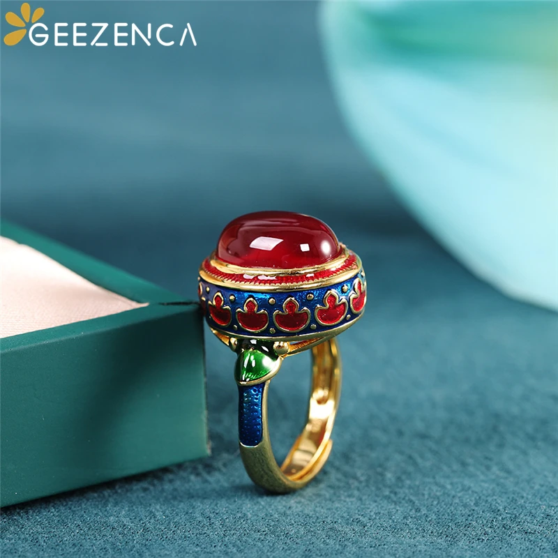 GEEZENCA S925 Silver Gold Plated Red Corundum Enamel Color Women's Ring Cloisonne Vintage Trendy Open Rings Fine Jewel