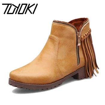 

Tuyoki Plus Size 33-47 Ankle Boots For Women Fashion Zipper Fringes Winter Fur Warm Flats Short Boots Casual Women Shoes