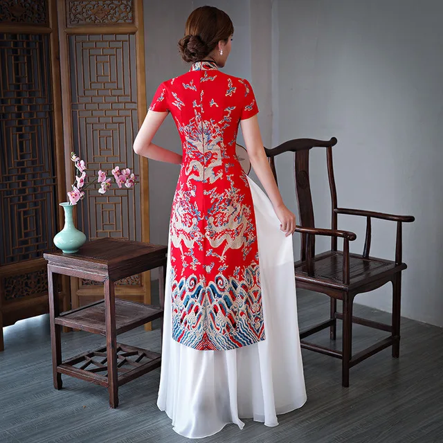 Plus size 5XL cheongsam autumn new female dignified atmosphere Austrian Chinese etiquette Printed pendulum dress Long cheongsam
