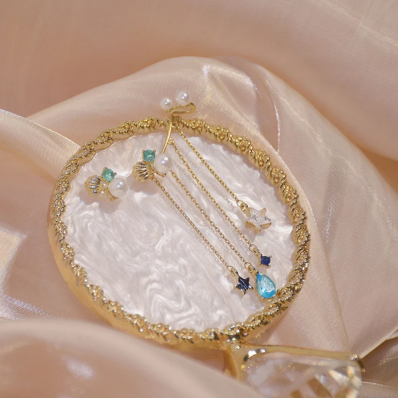 Luxury 14k Real Gold Asymmetry Shell Starfish Pearl Earring AAA Gemstone Zircon Charm Tassel Drop Earring Wedding Jewelry - Image 6