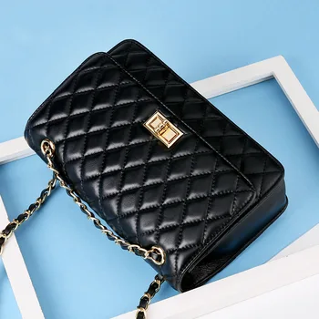 

2020 New Brand Female Bag Leather First Layer Cowhide Double-chain Diamond Chain Handbag Shoulder Bag