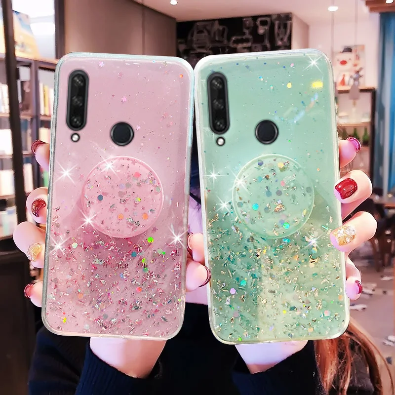 Bling Glitter Phone holder case For Huawei Honor 9A 9S 9C 9X 8A 8C 8S 8X 7A 7C 7X X10 Coque Silver Foil Silicone Stand Cover_voghion.com
