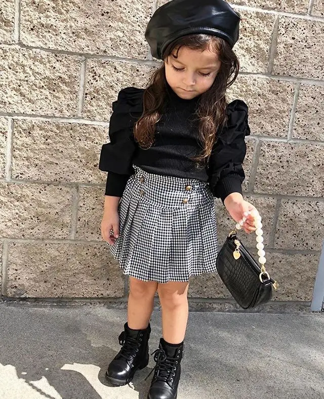 

Toddler Kids Baby Girls Fashion 2Pcs Outfit Long Pluff Sleeve O-Neck Top Ribbed Solid Color Blouse + Plaid Skirt Set 1-7Y