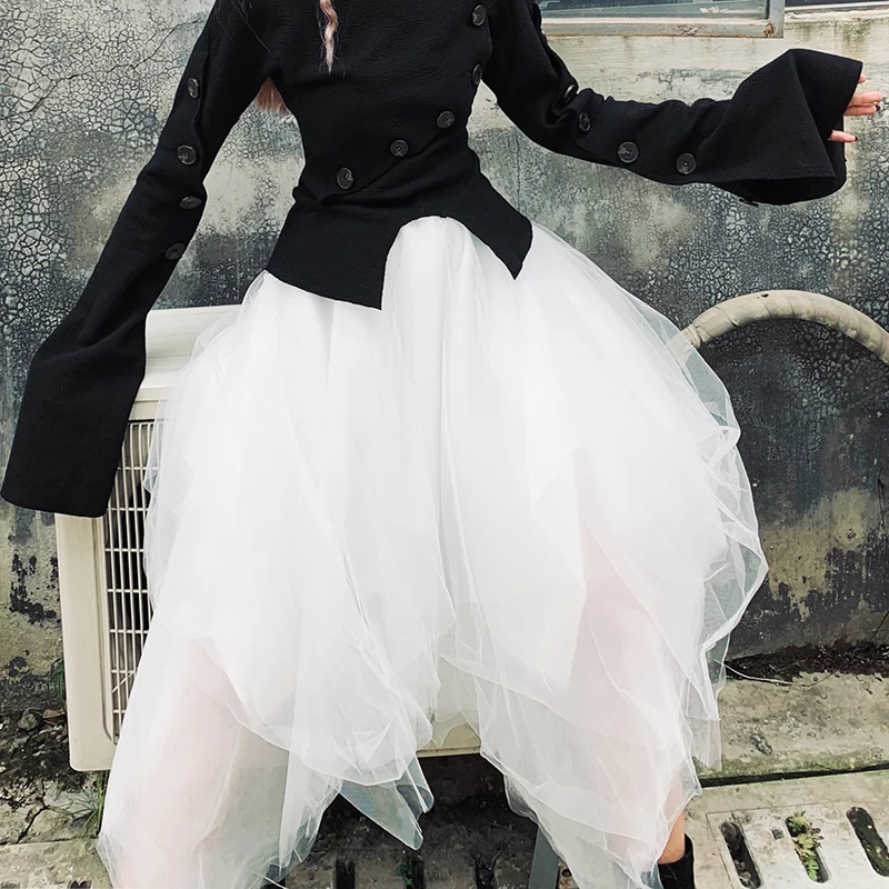 white LANMREM Autumn And Winter New Products Fashion Solid Color High Waist Long Section Over The Knee Mesh Skirt Women PB213 - Цвет: white