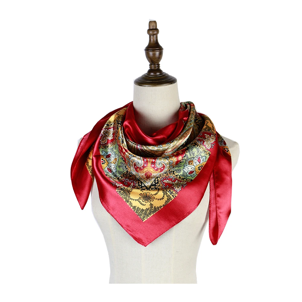 Women Square Scarf Wraps Neck Wear Satin Silk Muslim Head Cover Hijabs Vintage Paisley Print Luxury Brand